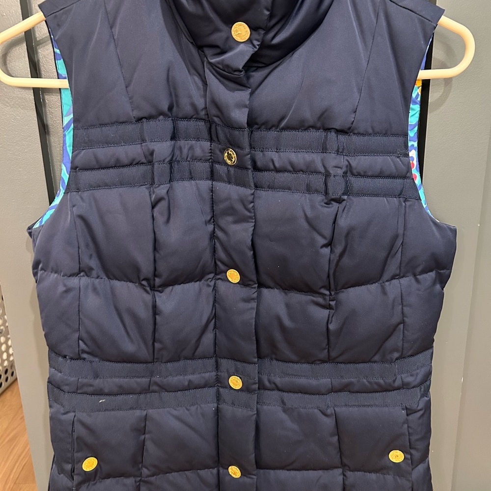 Lilly Pulitzer Navy Puffer Vest with Gold Accents